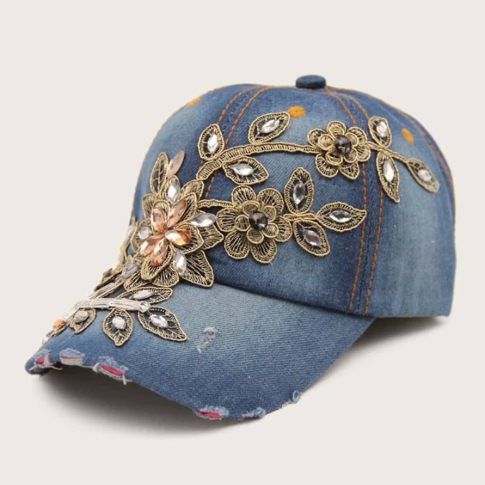 Rhinestone Flower denim hat